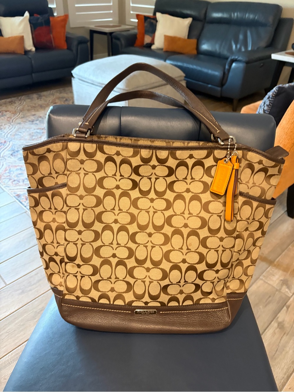 Coach Park Signature Carrie Tote in khaki and brown monogram canvas with leather